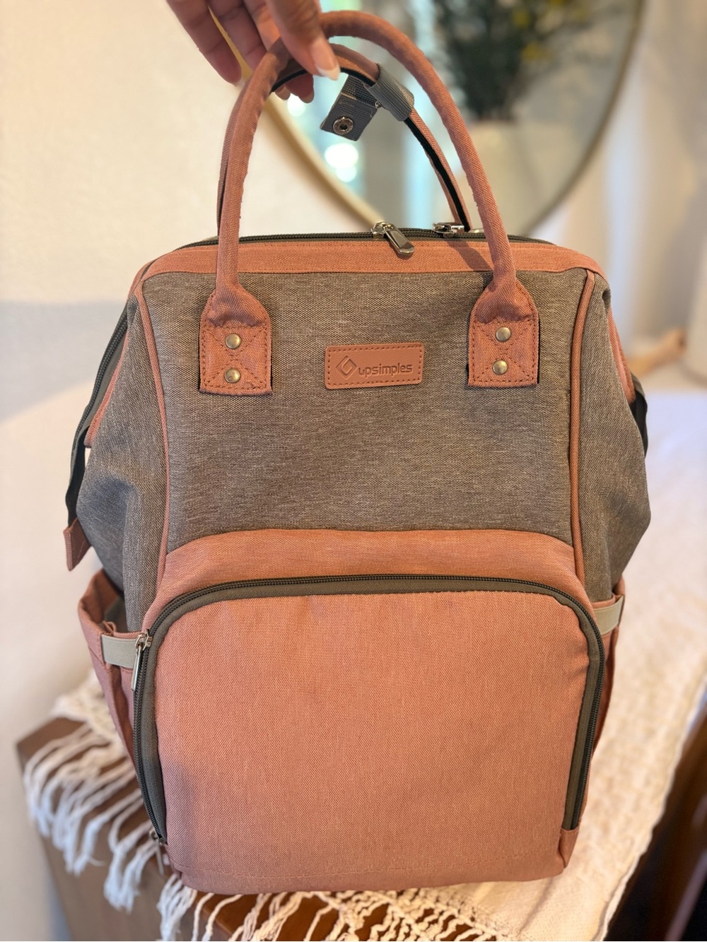 Upsimples gray and coral pink dipper bag